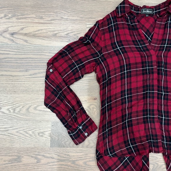 Sam Edelman Plaid Zipper Split Back Top Size S black and red with white stripes - Picture 7 of 15